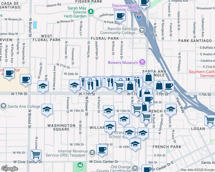map of restaurants, bars, coffee shops, grocery stores, and more near in Santa Ana