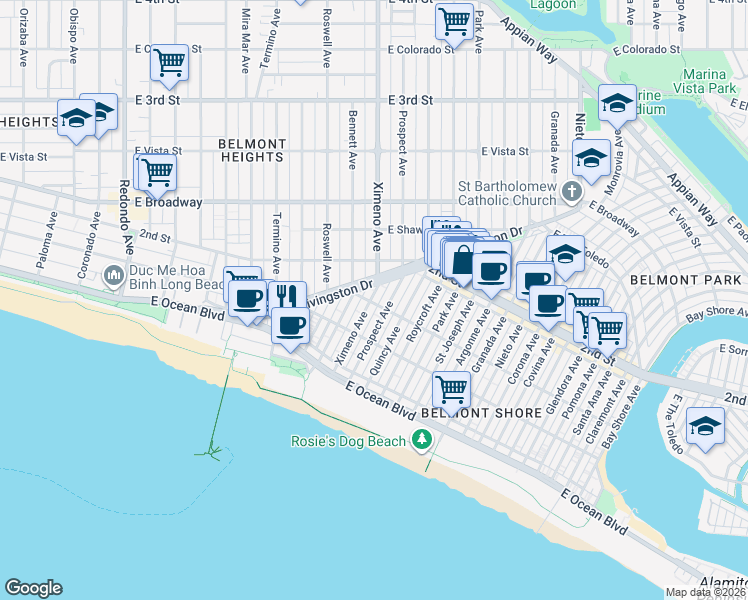 map of restaurants, bars, coffee shops, grocery stores, and more near 4401 East Division Street in Long Beach