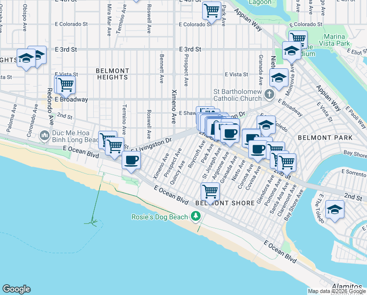 map of restaurants, bars, coffee shops, grocery stores, and more near 149 Roycroft Avenue in Long Beach