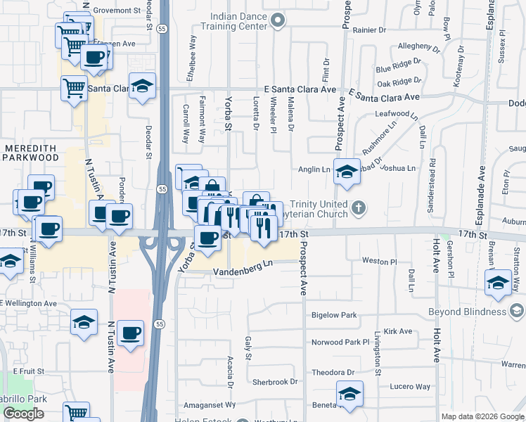 map of restaurants, bars, coffee shops, grocery stores, and more near 17621 17th Street in Tustin