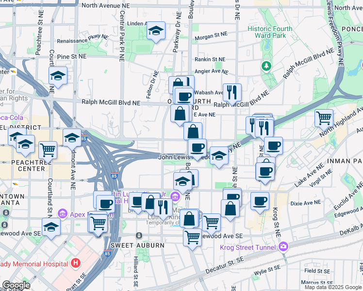 map of restaurants, bars, coffee shops, grocery stores, and more near in Atlanta