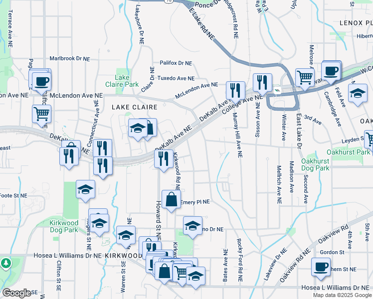 map of restaurants, bars, coffee shops, grocery stores, and more near 286 Norwood Avenue Northeast in Atlanta
