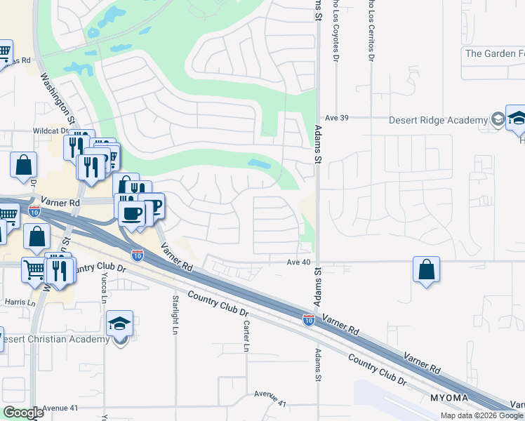 map of restaurants, bars, coffee shops, grocery stores, and more near 78783 Fortuna Place in Palm Desert