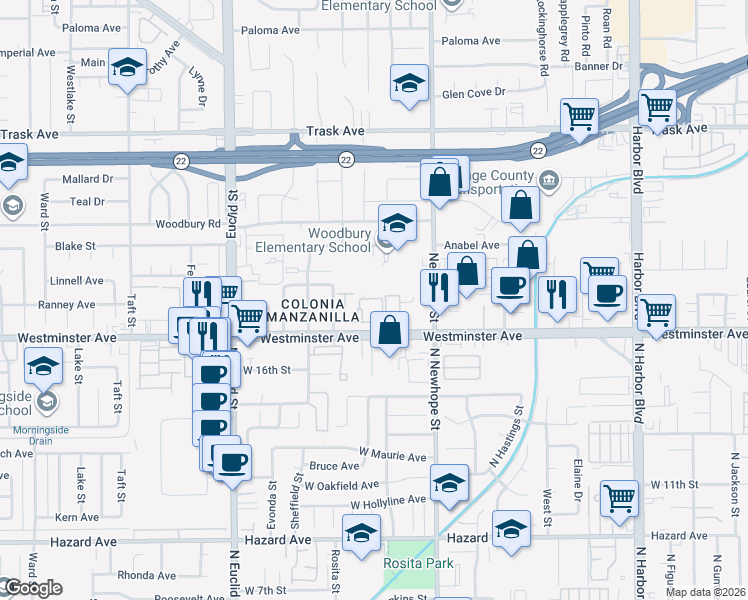 map of restaurants, bars, coffee shops, grocery stores, and more near in Garden Grove