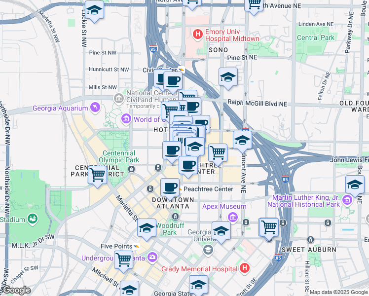 map of restaurants, bars, coffee shops, grocery stores, and more near 7 Harris Street Northeast in Atlanta