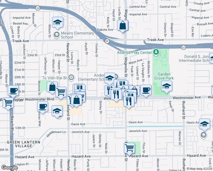 map of restaurants, bars, coffee shops, grocery stores, and more near 8902 Hewitt Place in Garden Grove