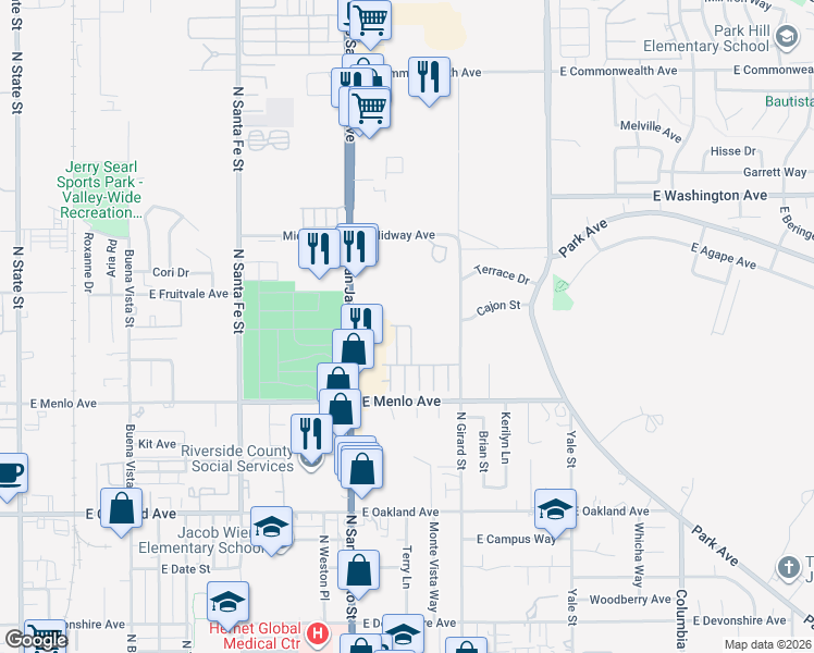 map of restaurants, bars, coffee shops, grocery stores, and more near 1400 East Menlo Avenue in Hemet