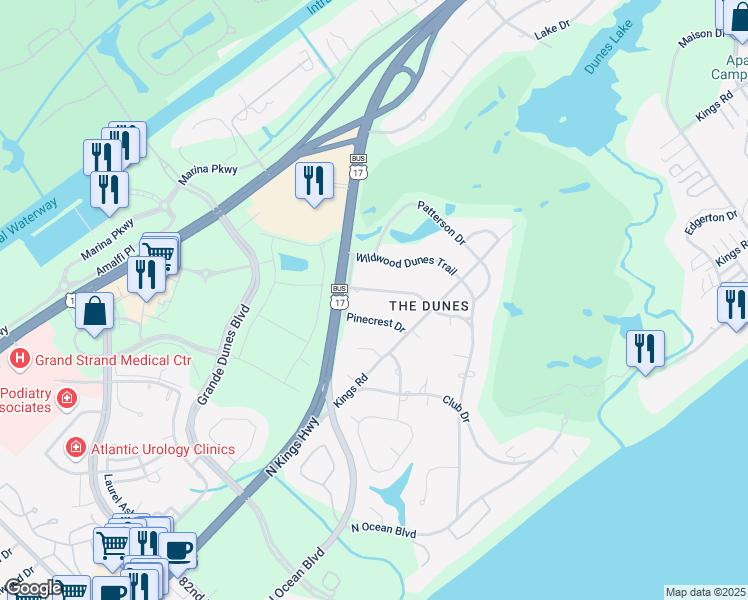 map of restaurants, bars, coffee shops, grocery stores, and more near 410 Pinecrest Drive in Myrtle Beach