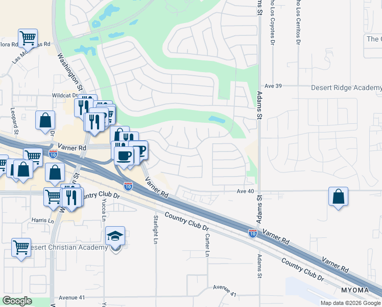 map of restaurants, bars, coffee shops, grocery stores, and more near 78686 Hampshire Avenue in Palm Desert
