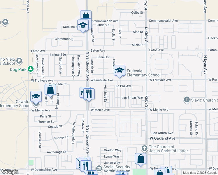 map of restaurants, bars, coffee shops, grocery stores, and more near 3021 La Paz Avenue in Hemet