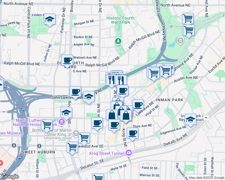 map of restaurants, bars, coffee shops, grocery stores, and more near 229 Corley Street Northeast in Atlanta