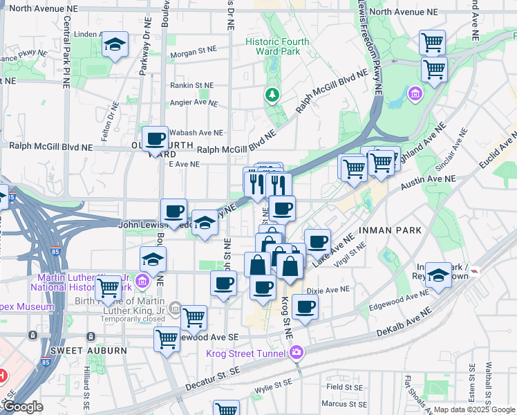 map of restaurants, bars, coffee shops, grocery stores, and more near 655 Highland Avenue Northeast in Atlanta