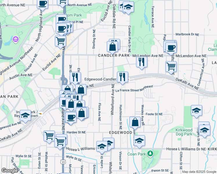 map of restaurants, bars, coffee shops, grocery stores, and more near 1388 La France Street Northeast in Atlanta