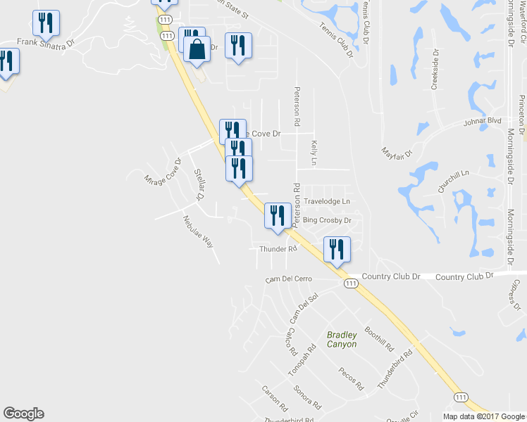 map of restaurants, bars, coffee shops, grocery stores, and more near 70260 Hwy 111 in Rancho Mirage