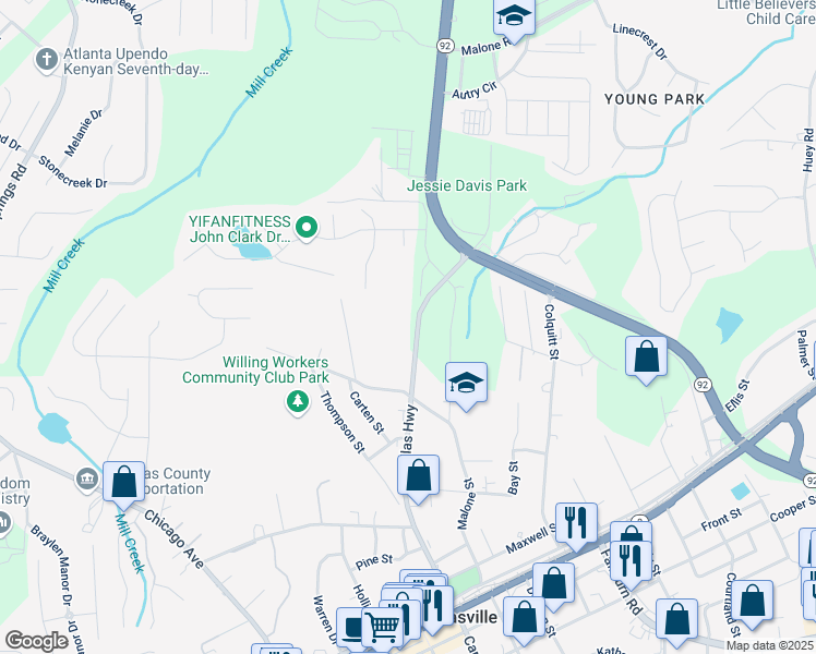 map of restaurants, bars, coffee shops, grocery stores, and more near 8013 Dallas Highway in Douglasville