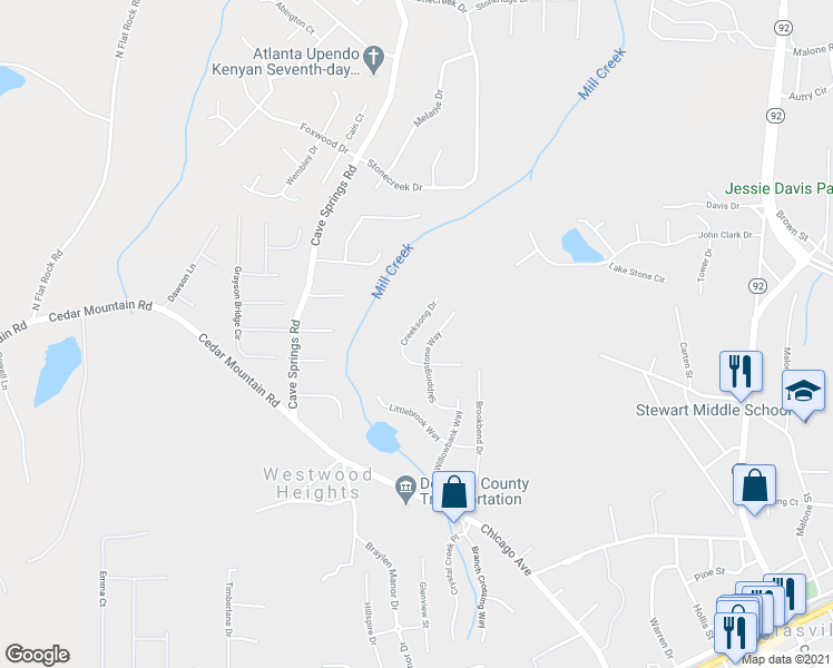 map of restaurants, bars, coffee shops, grocery stores, and more near 7120 Creeksong Drive in Douglasville