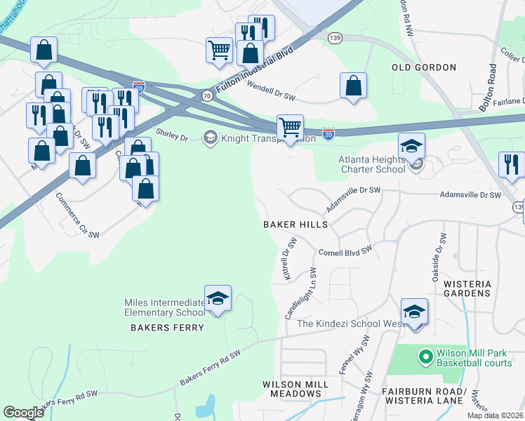 map of restaurants, bars, coffee shops, grocery stores, and more near 4144 Cornell Boulevard Southwest in Atlanta