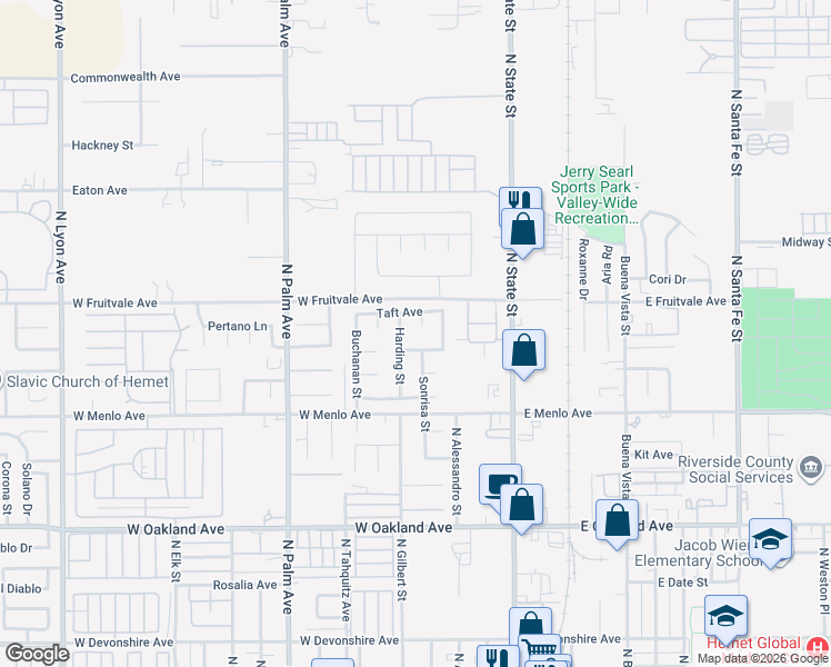 map of restaurants, bars, coffee shops, grocery stores, and more near 859 Truman Court in Hemet