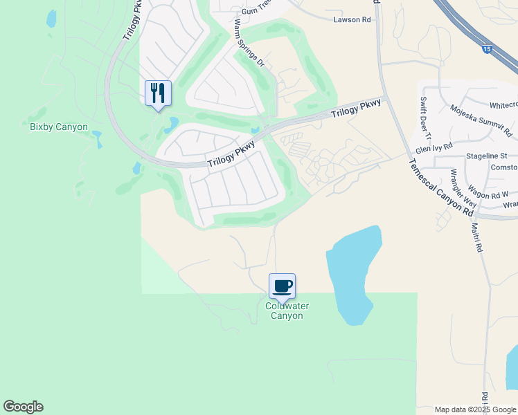 map of restaurants, bars, coffee shops, grocery stores, and more near 9431 Hughes Drive in Corona