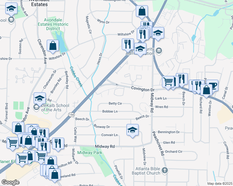 map of restaurants, bars, coffee shops, grocery stores, and more near 1220 Maple Walk Circle in Decatur