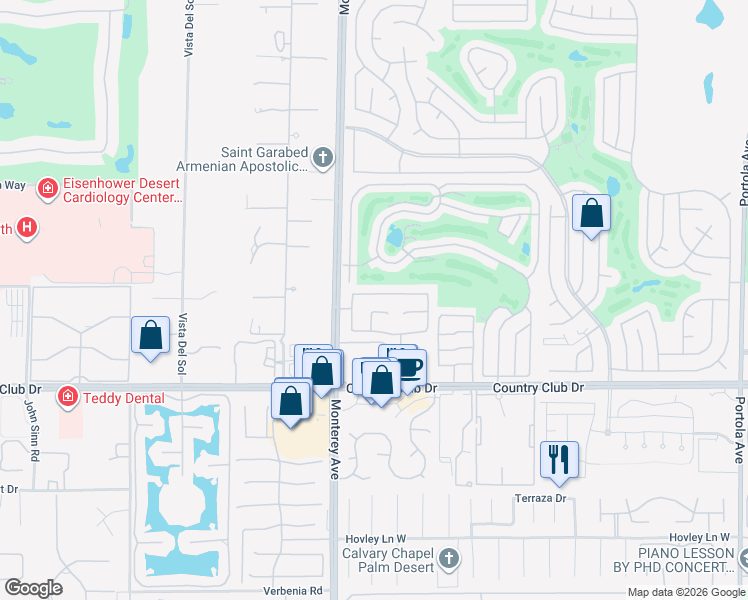 map of restaurants, bars, coffee shops, grocery stores, and more near 227 Strada Nova in Palm Desert