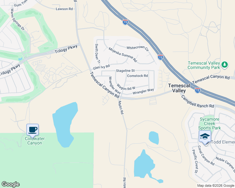 map of restaurants, bars, coffee shops, grocery stores, and more near 10215 Wrangler Way in Corona