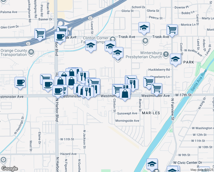 map of restaurants, bars, coffee shops, grocery stores, and more near in Garden Grove