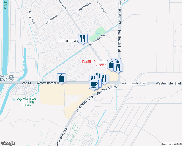 map of restaurants, bars, coffee shops, grocery stores, and more near 1660 Monterey Road in Seal Beach