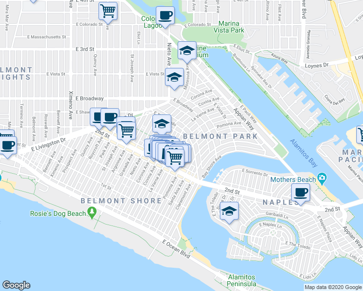 map of restaurants, bars, coffee shops, grocery stores, and more near 220 La Verne Avenue in Long Beach