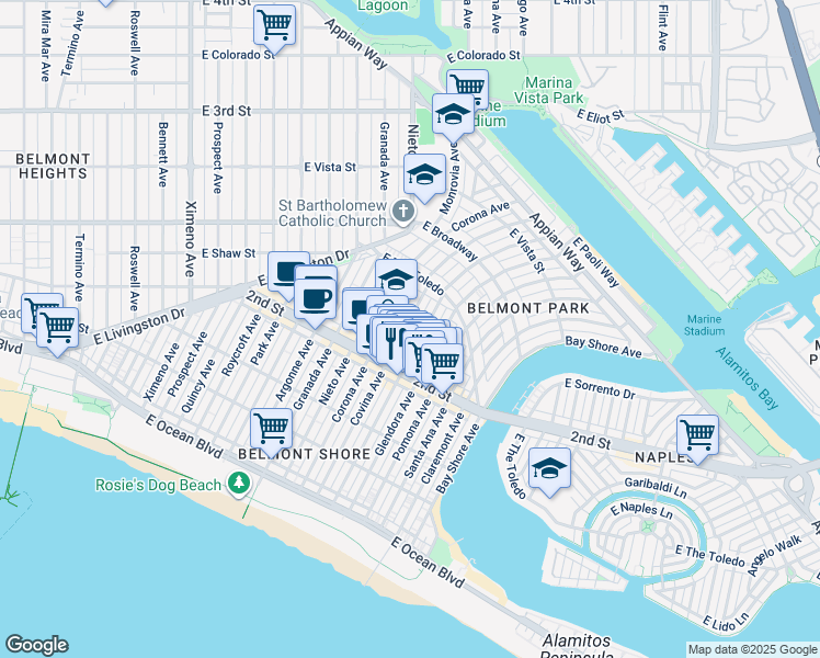 map of restaurants, bars, coffee shops, grocery stores, and more near 220 La Verne Avenue in Long Beach