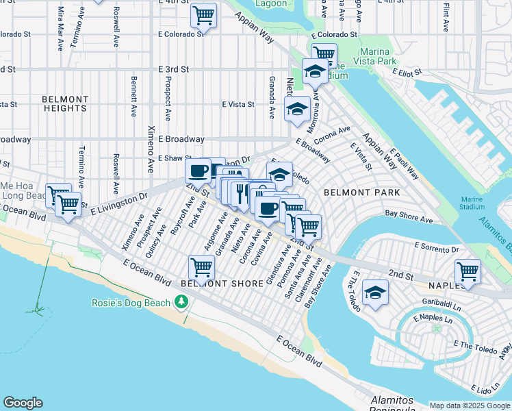 map of restaurants, bars, coffee shops, grocery stores, and more near 5116 2nd Street in Long Beach