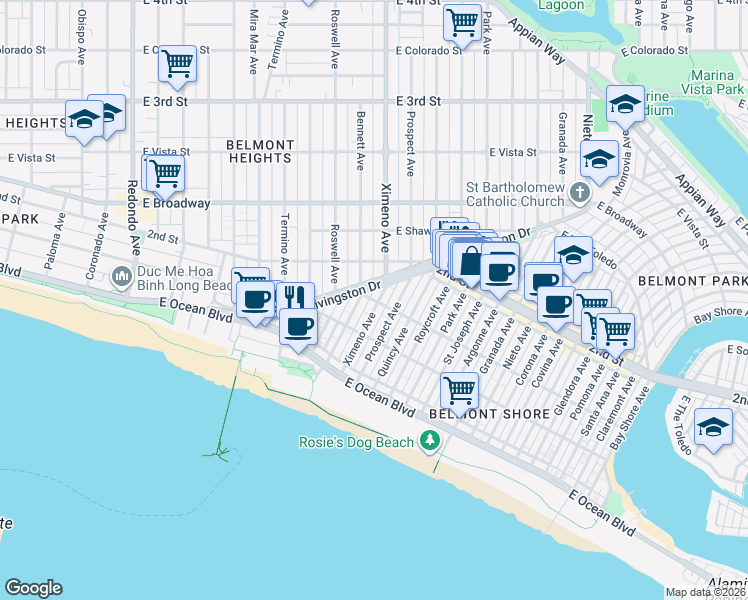 map of restaurants, bars, coffee shops, grocery stores, and more near in Long Beach