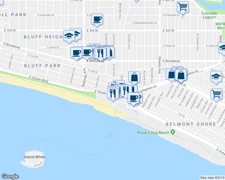 map of restaurants, bars, coffee shops, grocery stores, and more near in Long Beach
