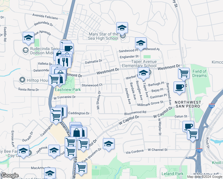 map of restaurants, bars, coffee shops, grocery stores, and more near 1241 Mount Rainier Road in Rancho Palos Verdes