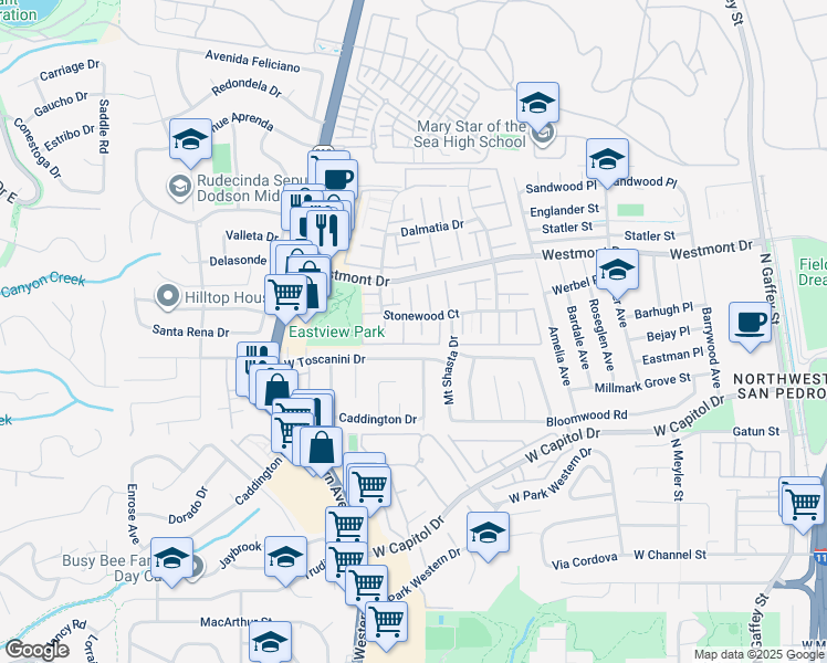map of restaurants, bars, coffee shops, grocery stores, and more near 1423 West Toscanini Drive in Rancho Palos Verdes