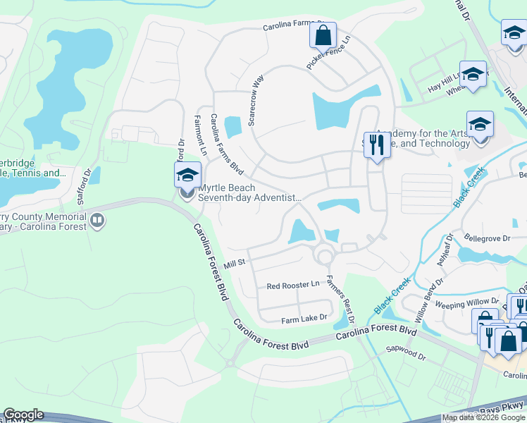 map of restaurants, bars, coffee shops, grocery stores, and more near 2410 Windmill Way in Myrtle Beach