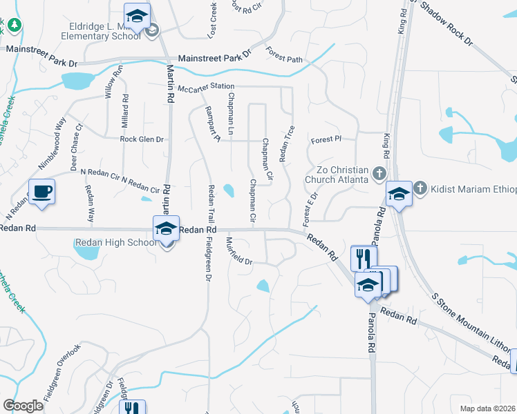 map of restaurants, bars, coffee shops, grocery stores, and more near 1121 Chapman Circle in Stone Mountain