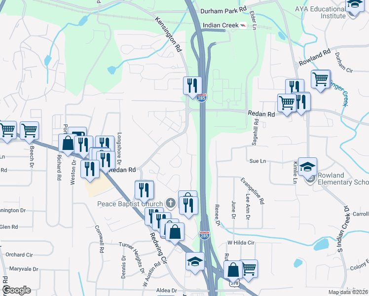 map of restaurants, bars, coffee shops, grocery stores, and more near 1192 Winston Drive in Decatur
