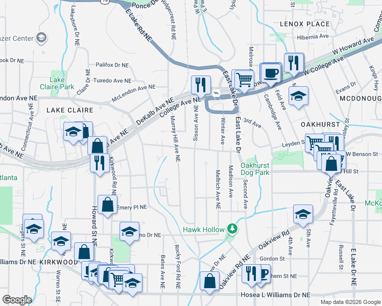 map of restaurants, bars, coffee shops, grocery stores, and more near 264 Sisson Avenue Northeast in Atlanta