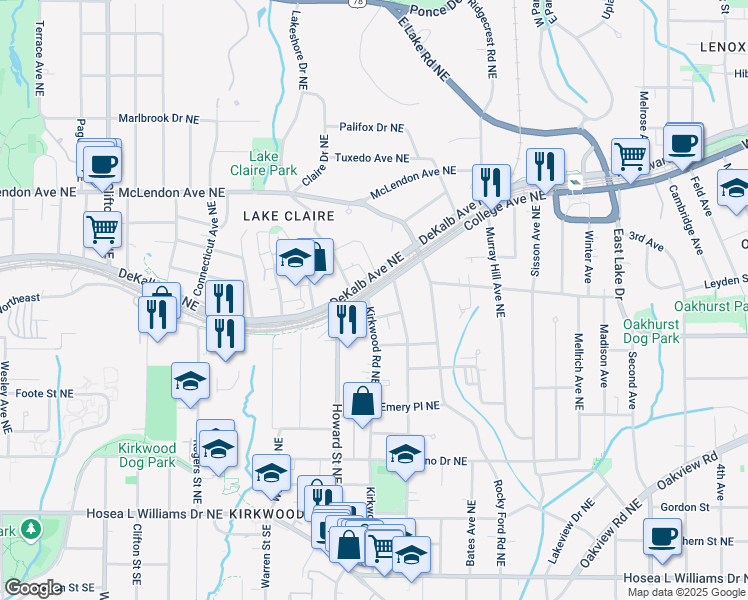 map of restaurants, bars, coffee shops, grocery stores, and more near 2005 College Avenue Northeast in Atlanta