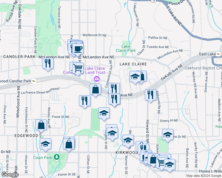 map of restaurants, bars, coffee shops, grocery stores, and more near 1802 DeKalb Avenue Northeast in Atlanta