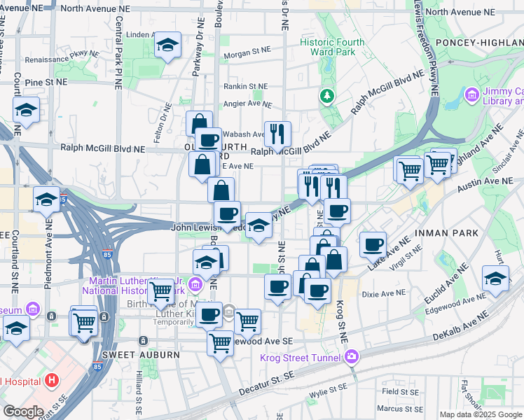 map of restaurants, bars, coffee shops, grocery stores, and more near 544 Bishop Way Northeast in Atlanta