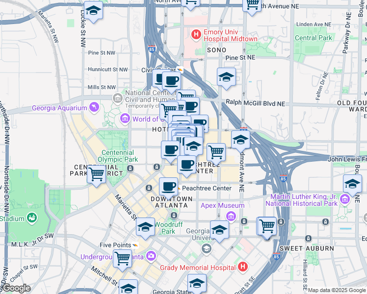 map of restaurants, bars, coffee shops, grocery stores, and more near 235 Peachtree Street in Atlanta