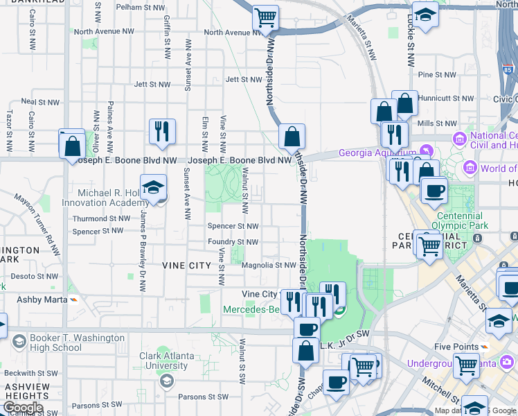 map of restaurants, bars, coffee shops, grocery stores, and more near 216 Maple Place Northwest in Atlanta