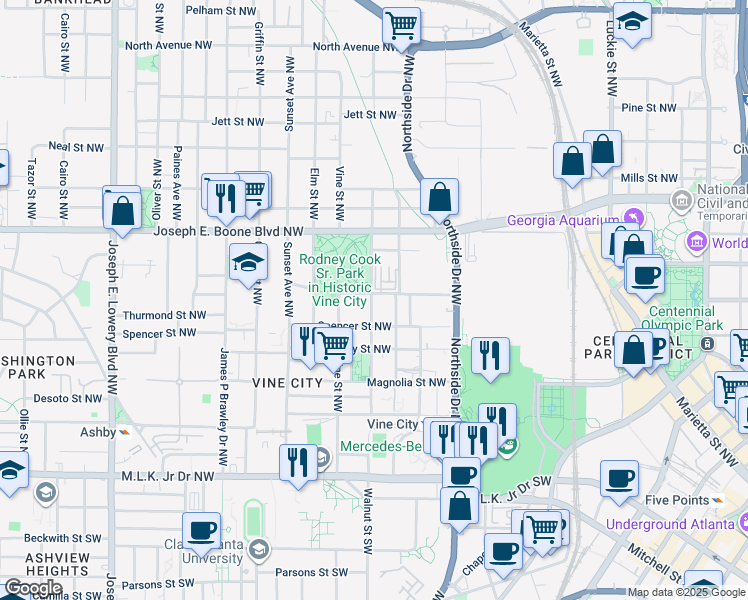 map of restaurants, bars, coffee shops, grocery stores, and more near 214 Walnut Street Northwest in Atlanta