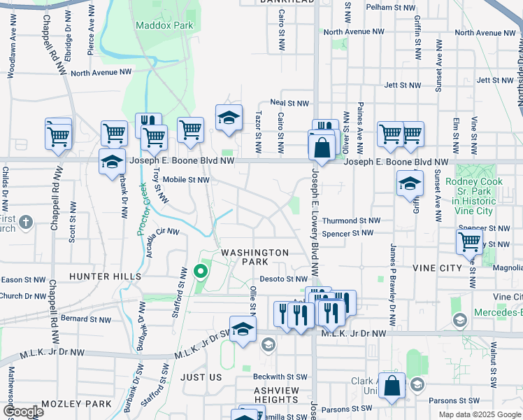 map of restaurants, bars, coffee shops, grocery stores, and more near 211 Ollie Street Northwest in Atlanta