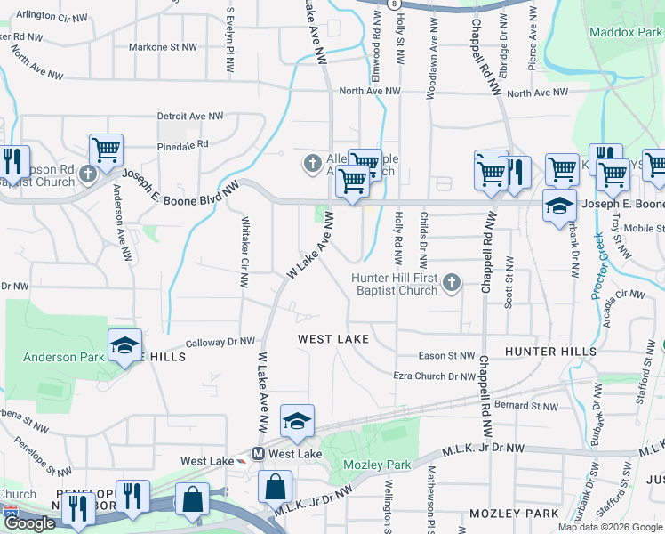 map of restaurants, bars, coffee shops, grocery stores, and more near 1627 Ezra Church Drive Northwest in Atlanta