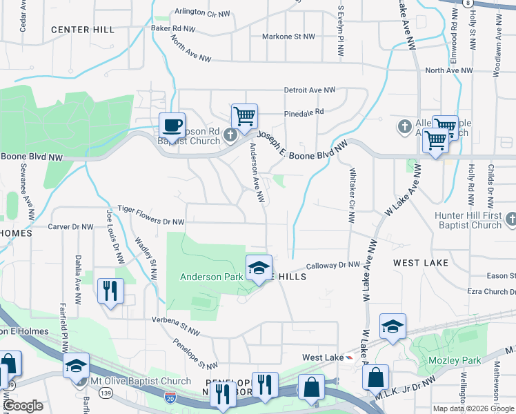 map of restaurants, bars, coffee shops, grocery stores, and more near 1961 Tiger Flowers Drive Northwest in Atlanta