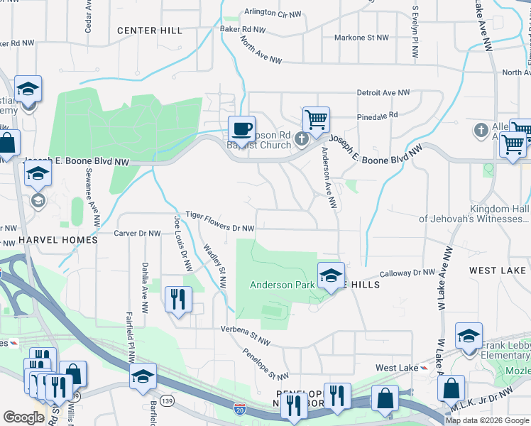 map of restaurants, bars, coffee shops, grocery stores, and more near 2053 Tiger Flowers Drive Northwest in Atlanta