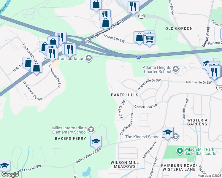 map of restaurants, bars, coffee shops, grocery stores, and more near 4144 Cornell Boulevard Southwest in Atlanta